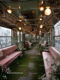 Vintage Tram Interior with Pink Seats and Lush Greenery