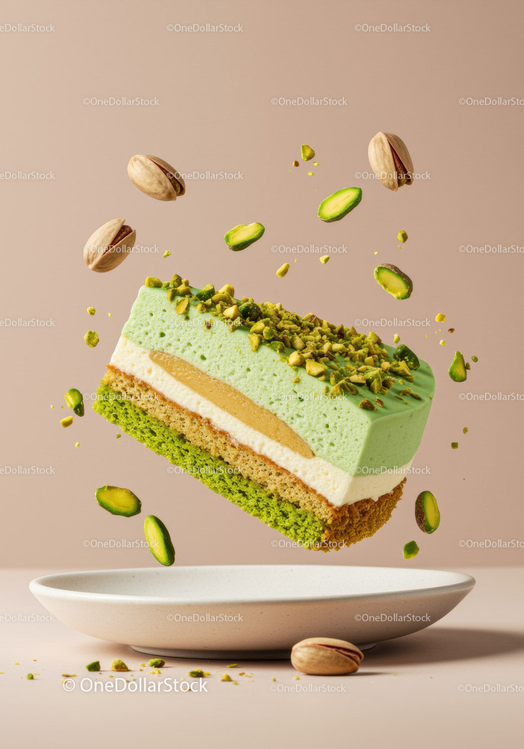 Floating Pistachio Layer Cake with Crunchy Toppings