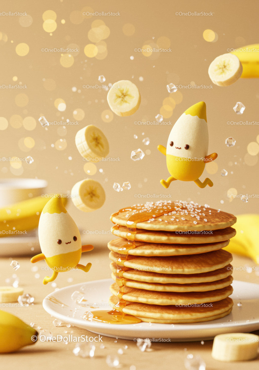 Stack of pancakes with syrup and playful banana characters