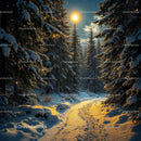 Sunlit snowy forest path winding through tall pines