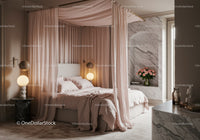 Elegant canopy bed with soft pink drapes and ambient lighting