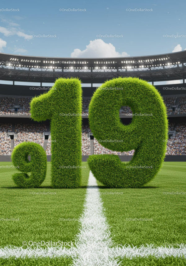Green Grass Numbers 9 19 on Soccer Field in Stadium