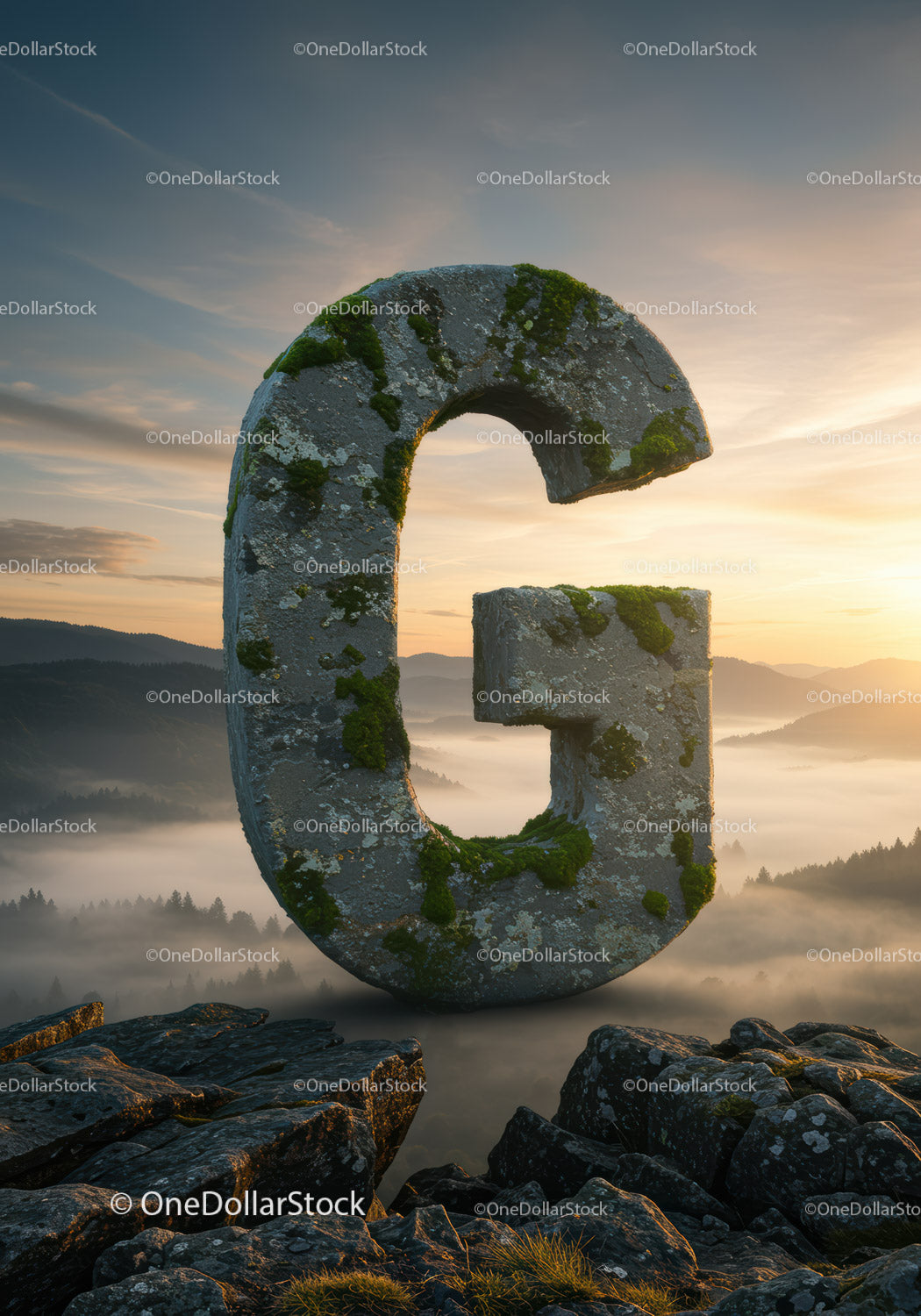 Moss-Covered Stone G Letter on Rocky Mountain Top