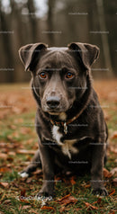 Thoughtful black and white dog sitting outdoors on autumn grass