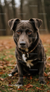 Thoughtful black and white dog sitting outdoors on autumn grass