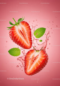 Fresh strawberry halves splashing with mint leaves