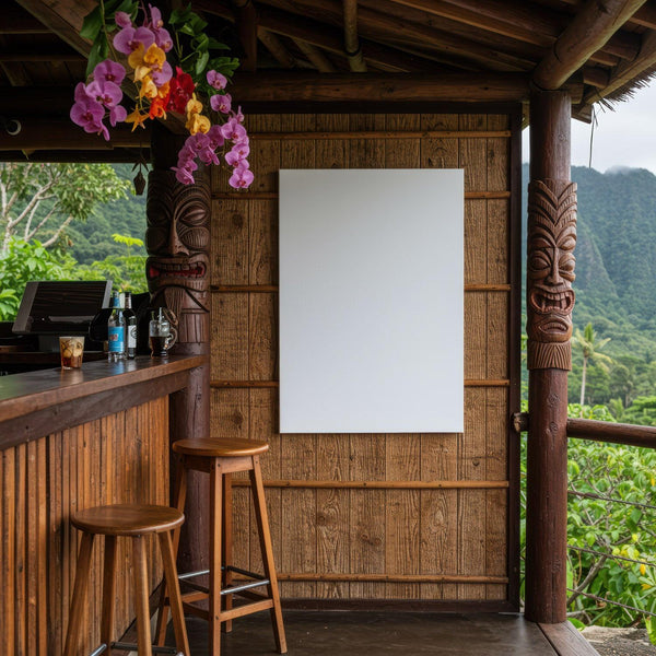 Tropical wooden bar with blank sign and orchid decor JPG Mockup Image