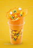 Fresh tropical fruit splash in mango smoothie cup