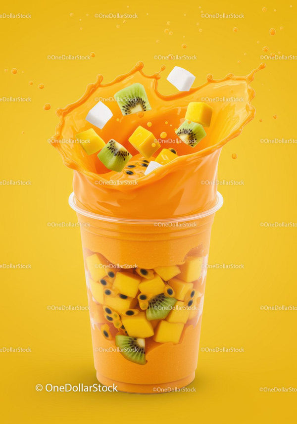 Fresh tropical fruit splash in mango smoothie cup