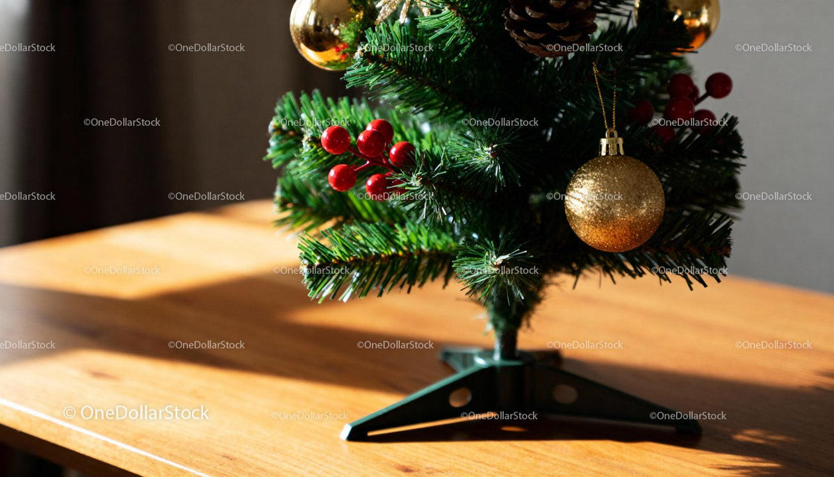 Close up of decorated artificial Christmas tree on wood table