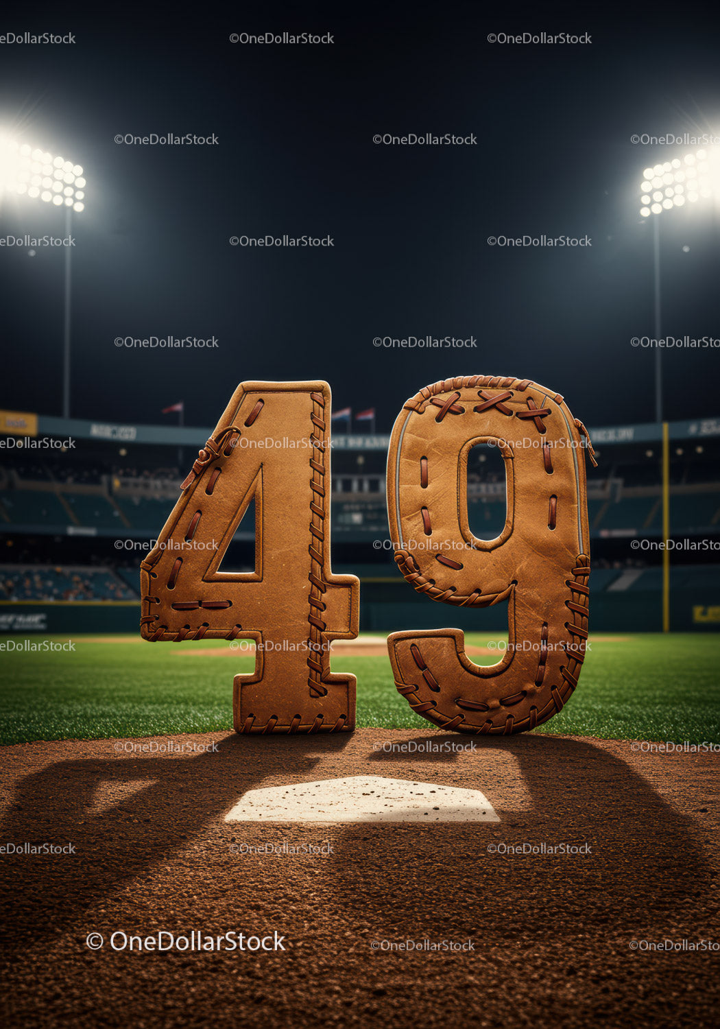 Baseball inspired number forty nine on field at night