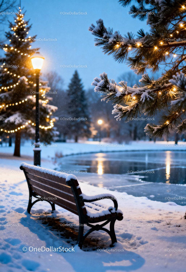 Snow-Covered Park Bench by Frozen Lake at Dusk