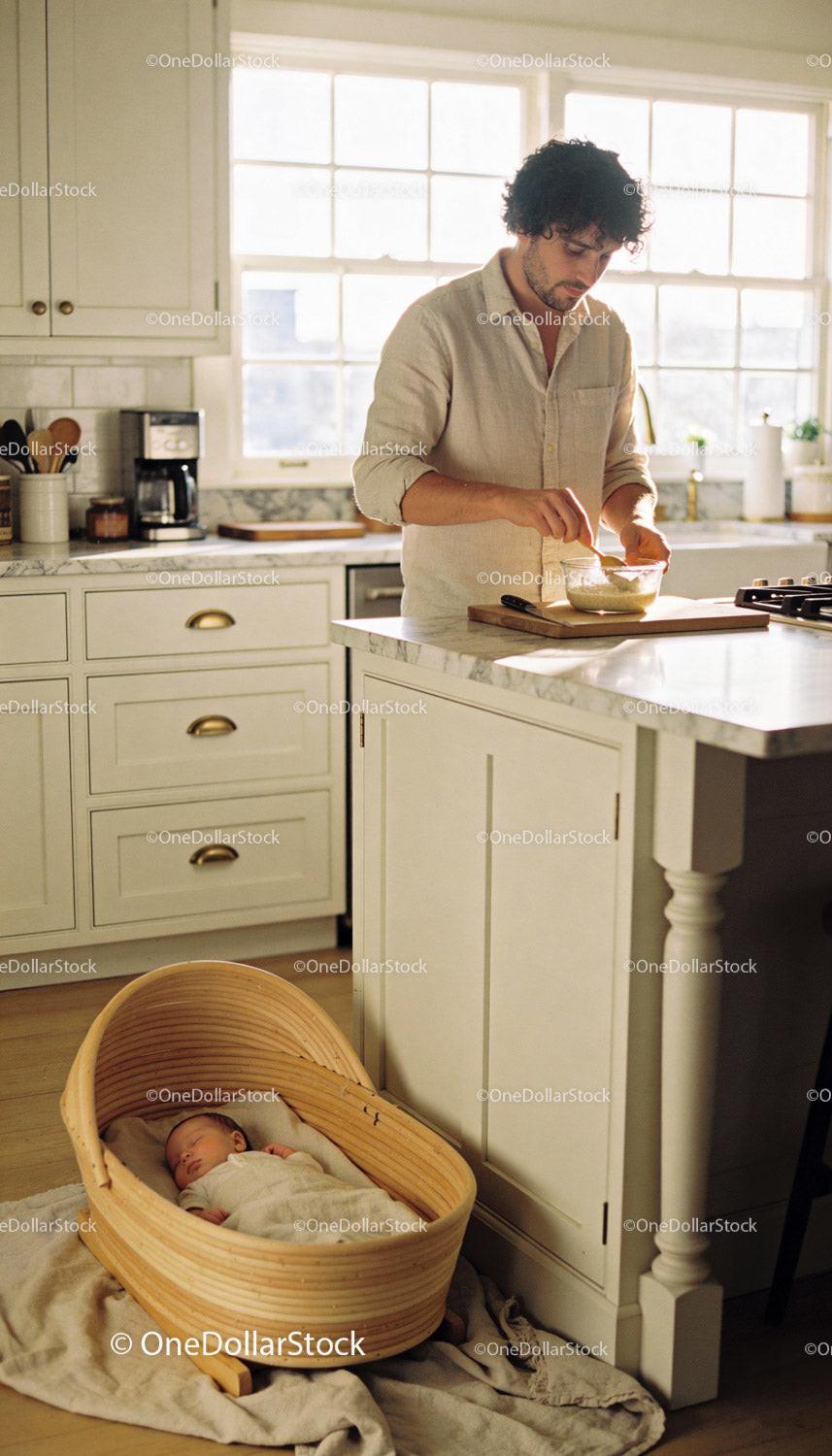 Father quietly preparing food while baby sleeps nearby