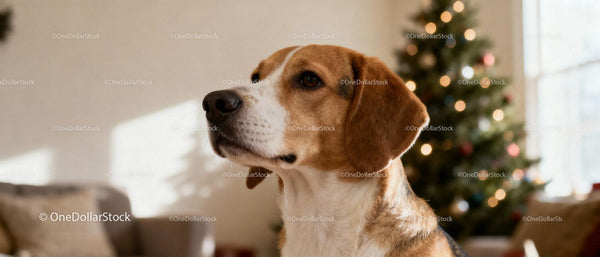Beagle siedzący przy udekorowanej choince w domu