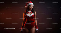 Confident woman in festive Santa costume with dark background