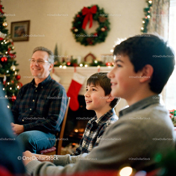 Family enjoying cozy Christmas gathering by fireplace
