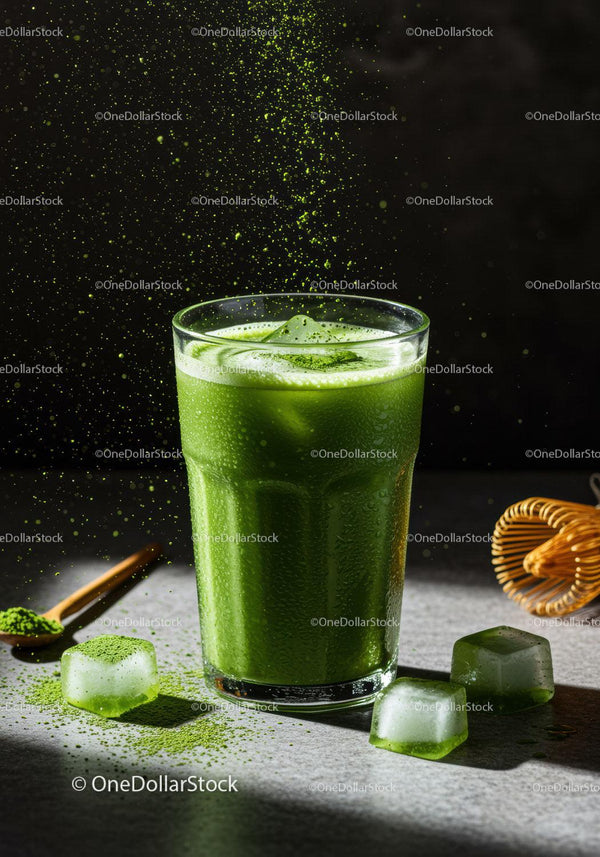 Refreshing iced matcha green tea with powder splash