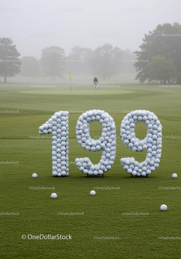 Piłki golfowe ułożone w liczby na mglistym polu golfowym