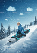 Joyful child sledding on giant glowing USB drive
