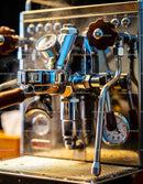 Close-up of a Classic Espresso Machine with Steam
