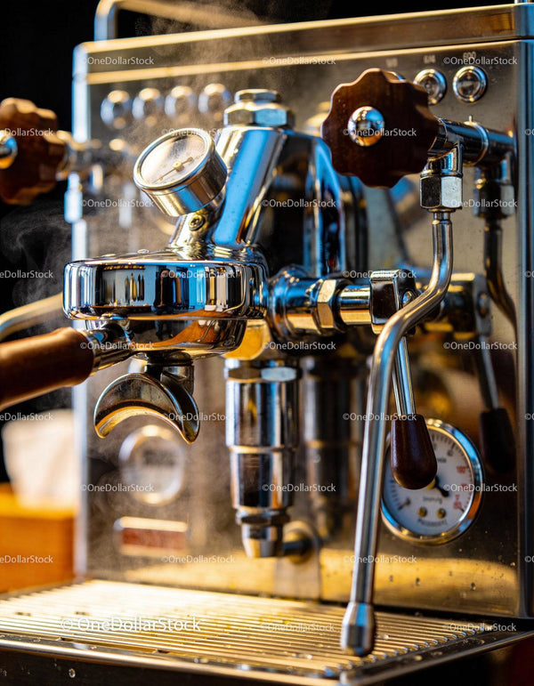 Close-up of a Classic Espresso Machine with Steam