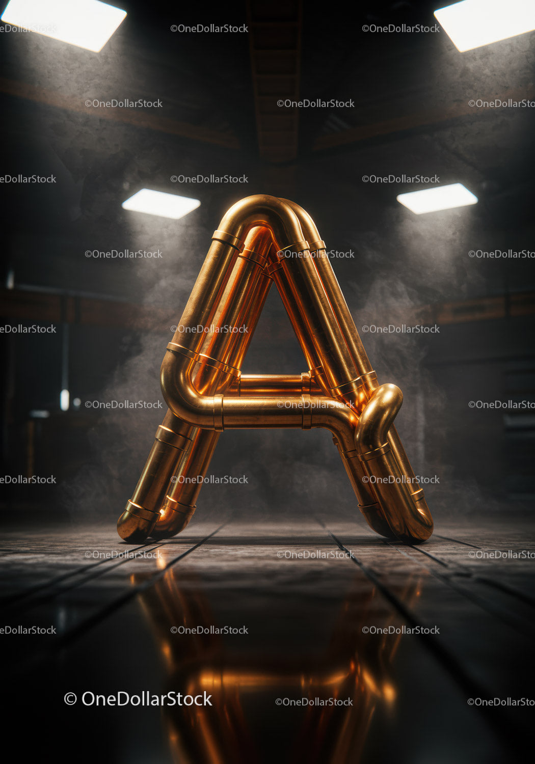 Industrial copper pipes forming letter A in dim room