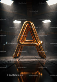 Industrial copper pipes forming letter A in dim room