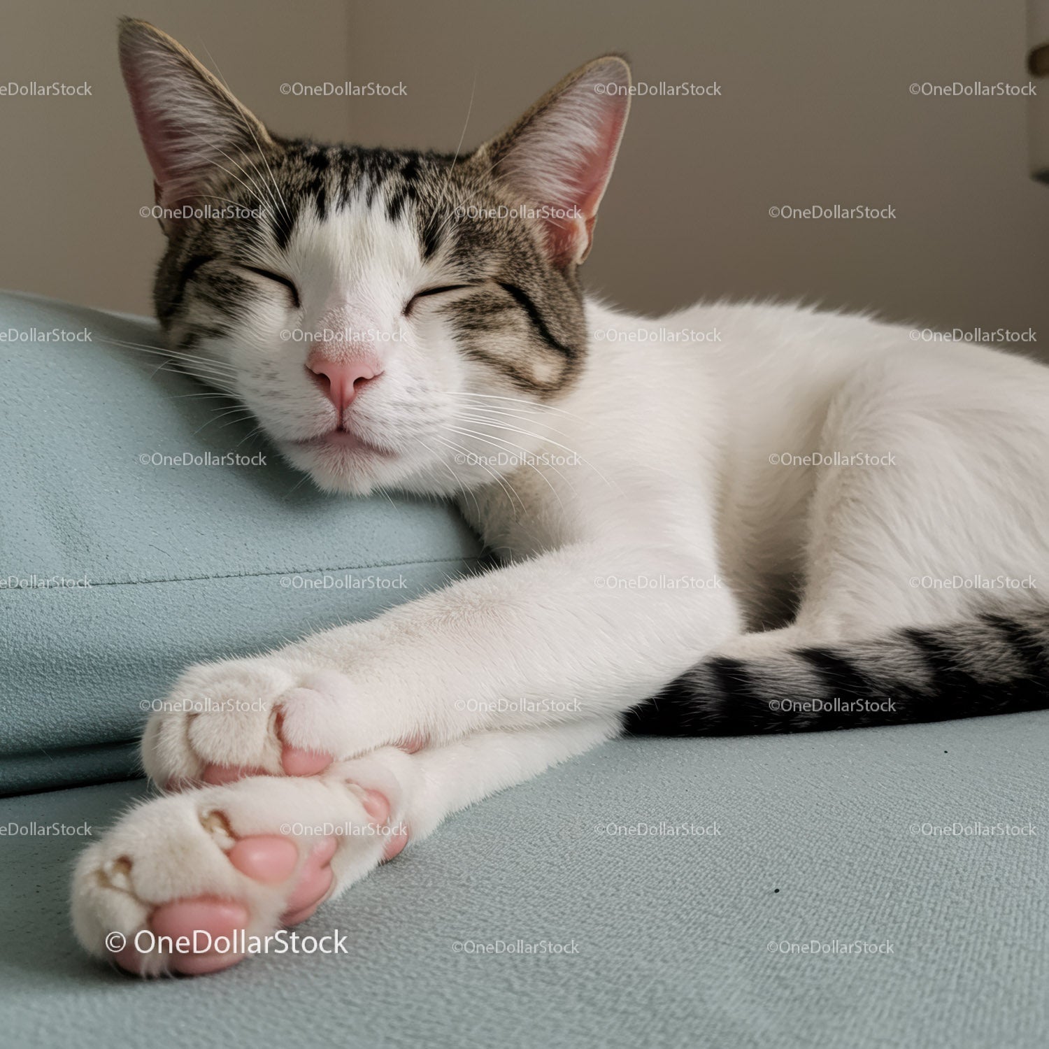 Content tabby cat peacefully sleeping on sofa