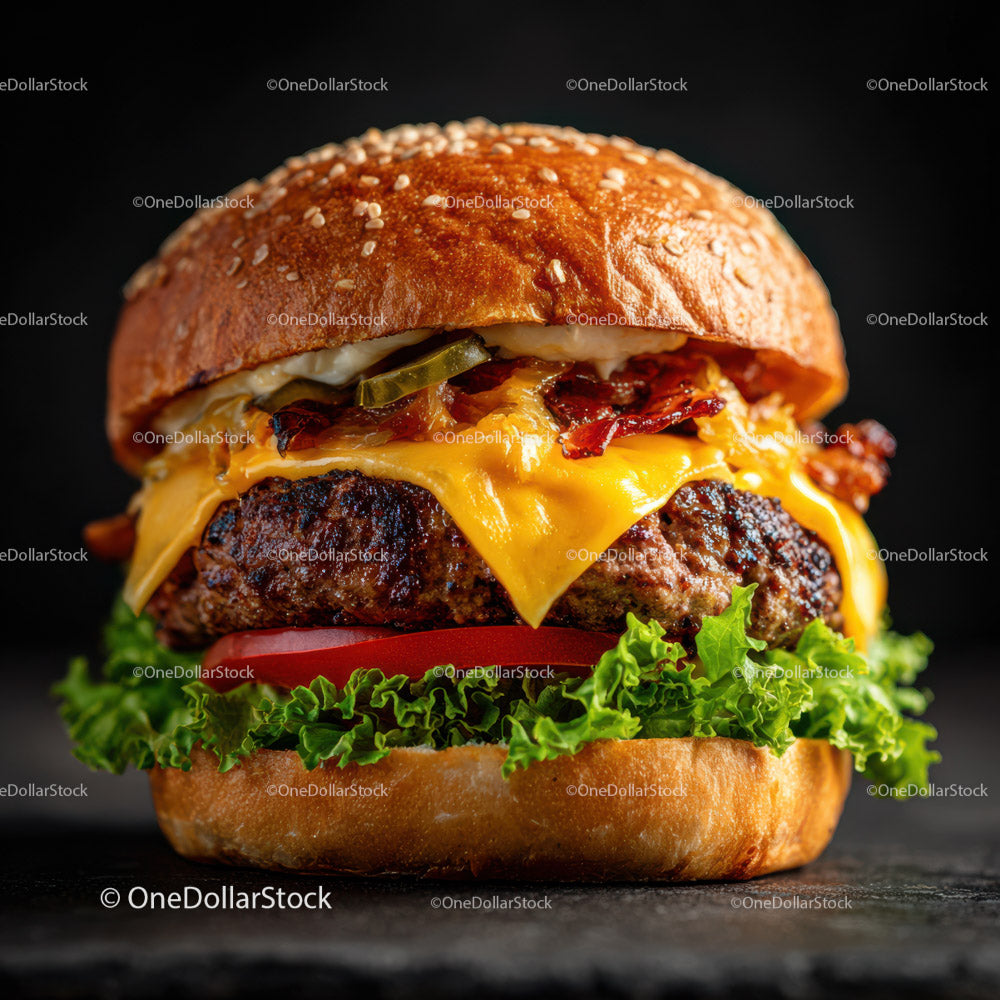 Soczysty cheeseburger z boczkiem i świeżymi warzywami w bułce sezamowej