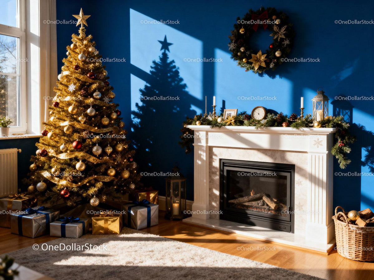 Cozy Living Room with Golden Christmas Tree and Fireplace