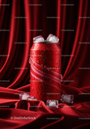 Chilled Red Drink Can with Ice on Fabric Background