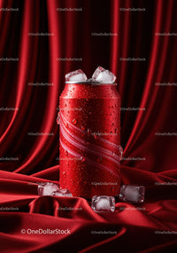 Chilled Red Drink Can with Ice on Fabric Background