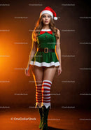 Young woman in festive elf costume with striped socks