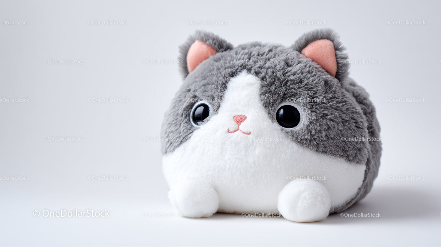 Cute Plush Cat Toy with Large Black Eyes and Pink Nose