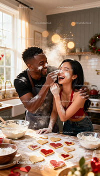 Couple Playfully Baking Heart-Shaped Cookies Together