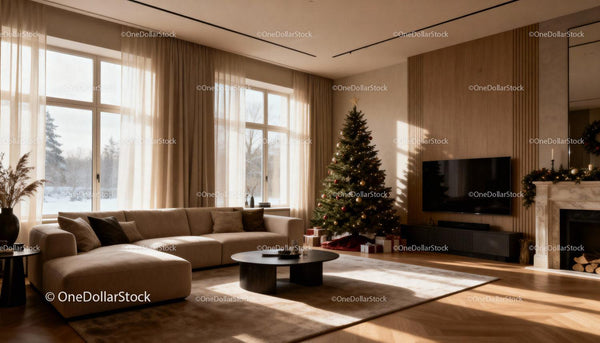 Przytulny salon z udekorowaną choinką