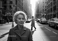 Elegant Senior Woman Walking on City Street in Black and White