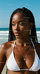 Young Woman with Braided Hair Wearing White Bikini Top on Beach