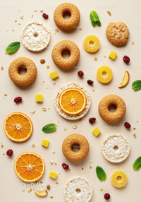 Assorted healthy snacks with dried orange and mint leaves