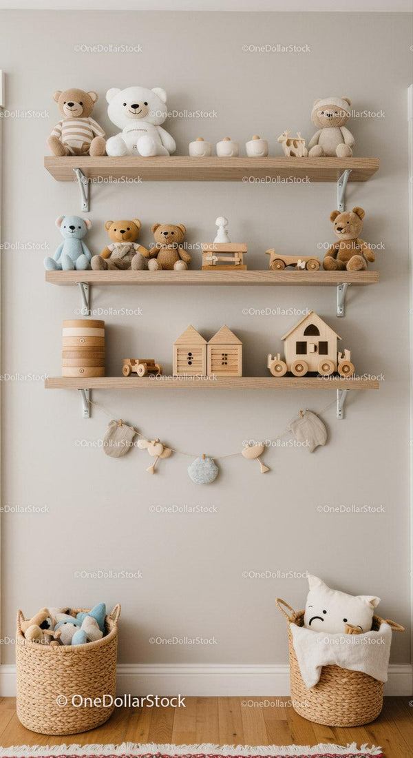 Wooden Toy Bears and Plush Teddy Bears in Cozy Nursery Room