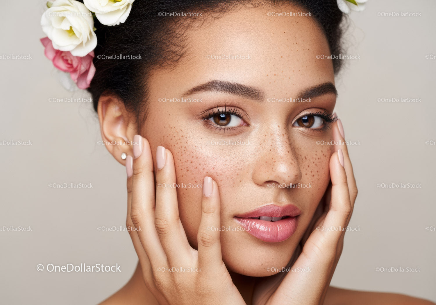 Close-Up of a Beautiful Woman with Freckles and Floral Hair Accessories
