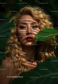 Glamorous Woman with Curly Blonde Hair Among Tropical Leaves
