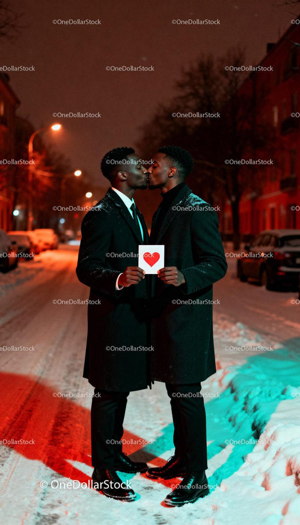 Affectionate LGBTQ Couple Sharing a Kiss in Snowy Night