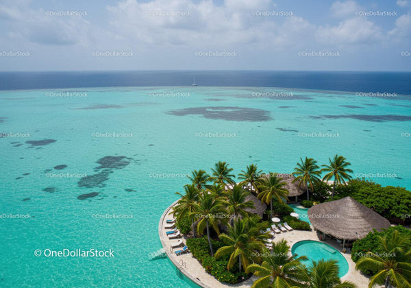 Tropical Island Paradise with Overwater Bungalows and Palm Trees