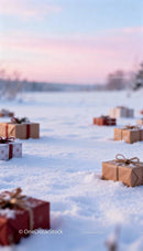 Wrapped Christmas Gifts Scattered on Snow at Sunrise