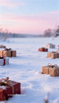 Wrapped Christmas Gifts Scattered on Snow at Sunrise