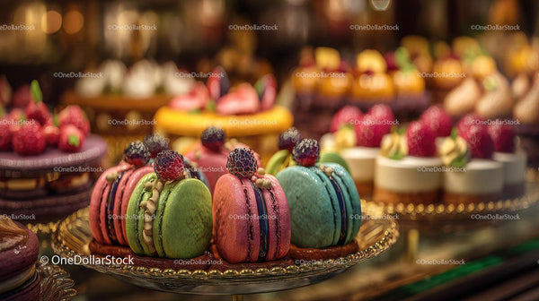 Colorful Macarons with Fresh Berries on Elegant Dessert Display