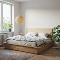 Cozy bedroom with wooden bed and green plants