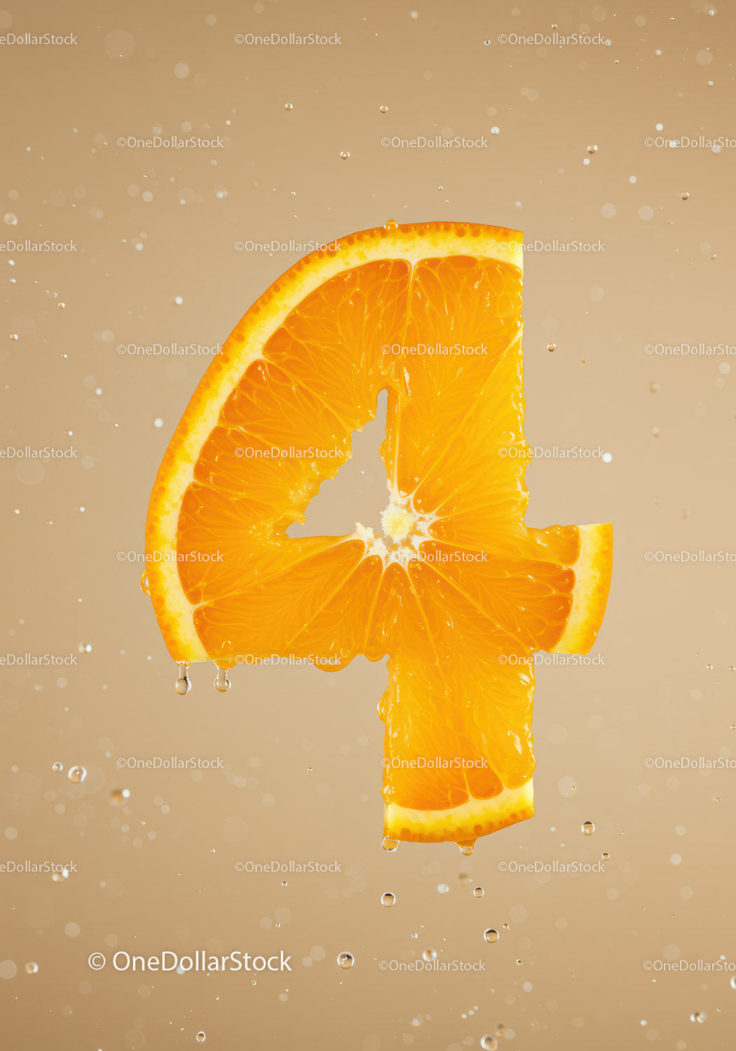 Fresh Orange Slice Shaped as Number Four in Water