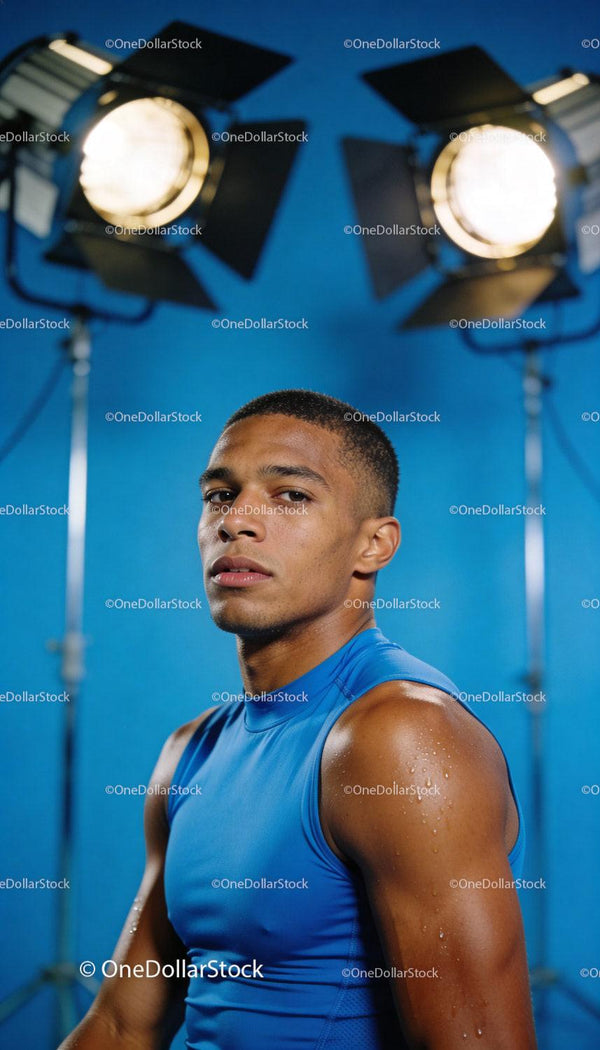 Focused athlete posing in blue sportswear with studio lights
